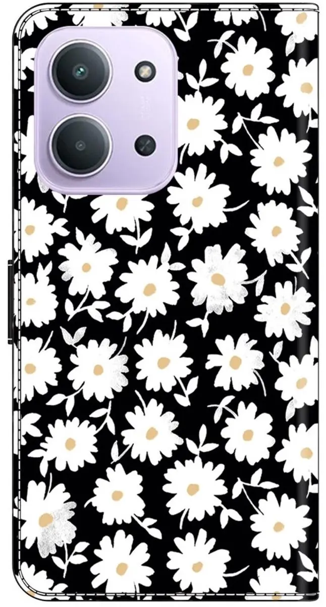 Selected Hoesje Xiaomi Redmi 15C Book Case - Magneet Sluiting - Bloem Print/Zwart/Wit