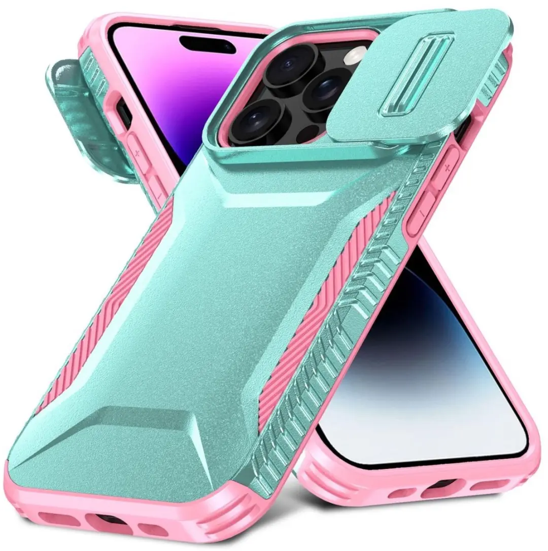 Selected by GSMpunt iPhone 14 Pro Hoesje Blauw Roze - Camera Slider