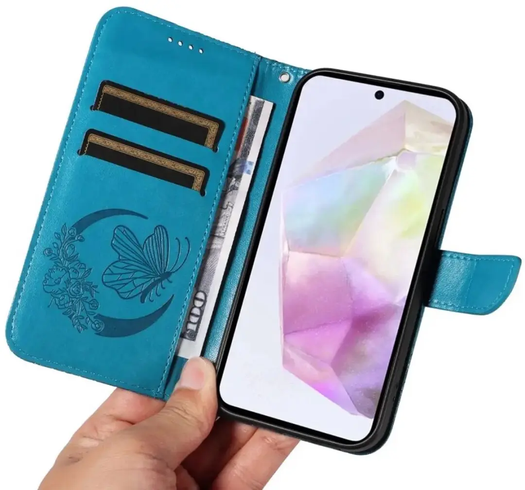 Selected Hoesje Samsung Galaxy A56 Wallet Vlinder Kunstleer - Blauw