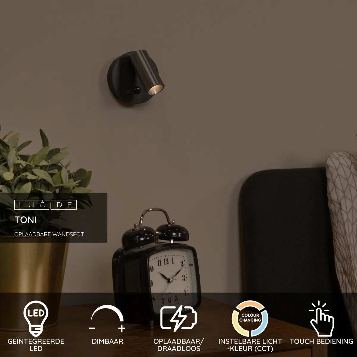 Lucide TONI Oplaadbare Wandspot - Ø8,1cm LED Dimbaar Grijs ijzer