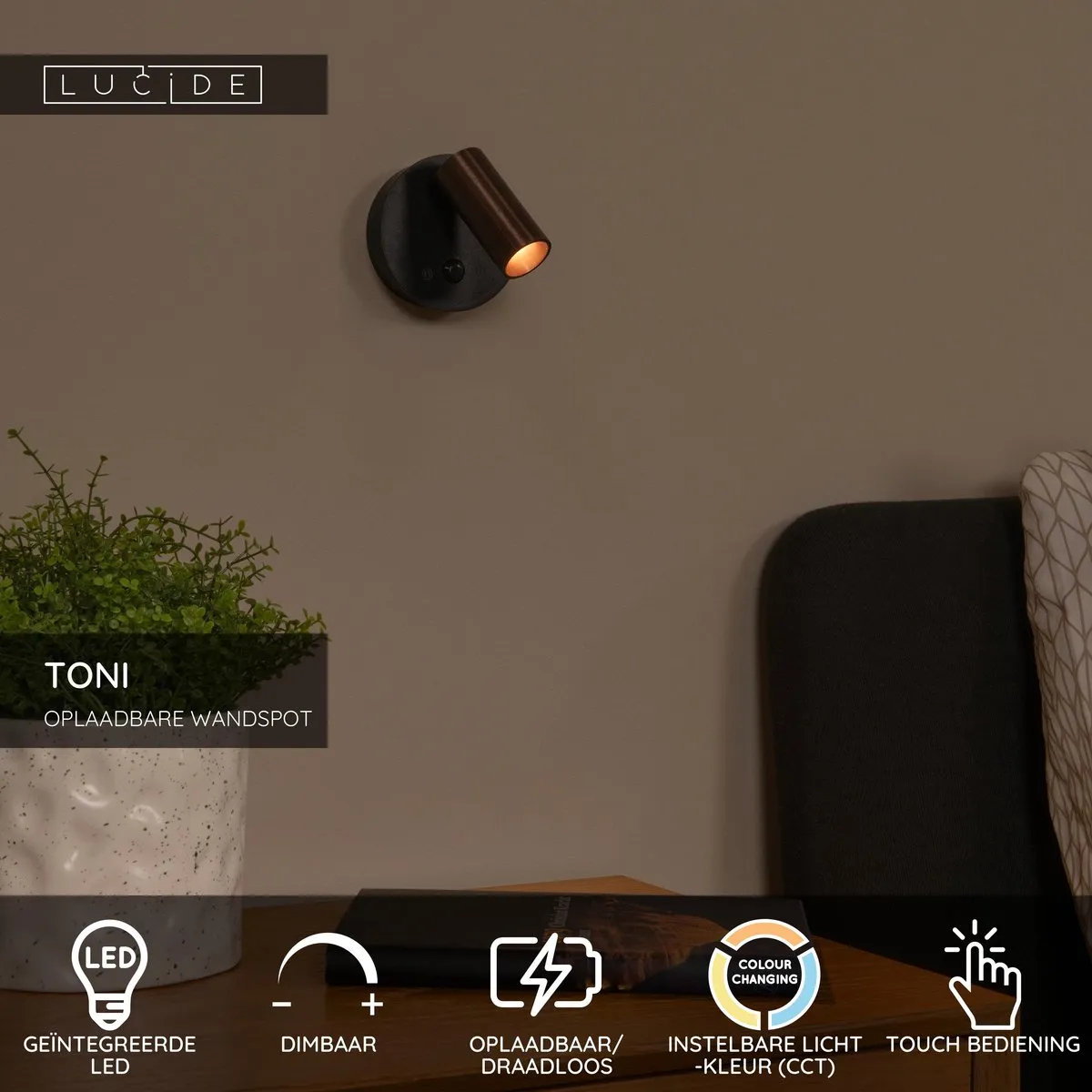 Lucide TONI Oplaadbare Wandspot - Ø8,1cm LED Dimbaar Grijs ijzer
