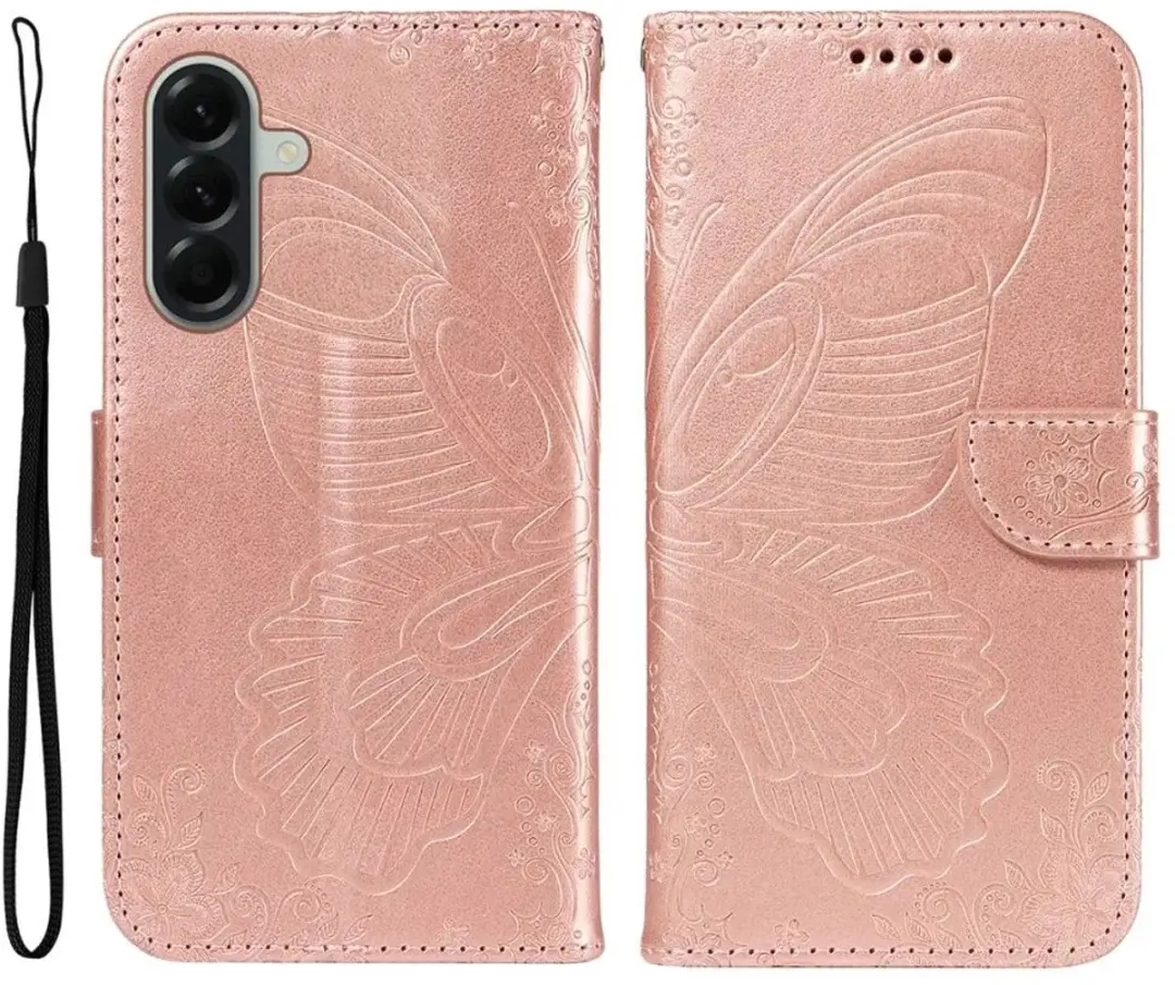Selected Hoesje Samsung Galaxy A57 Wallet Vlinder Kunstleer Roze Goud