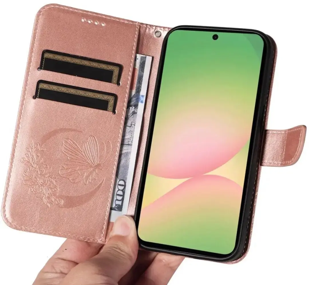 Selected Hoesje Samsung Galaxy A57 Wallet Vlinder Kunstleer Roze Goud - afbeelding 6 van 6