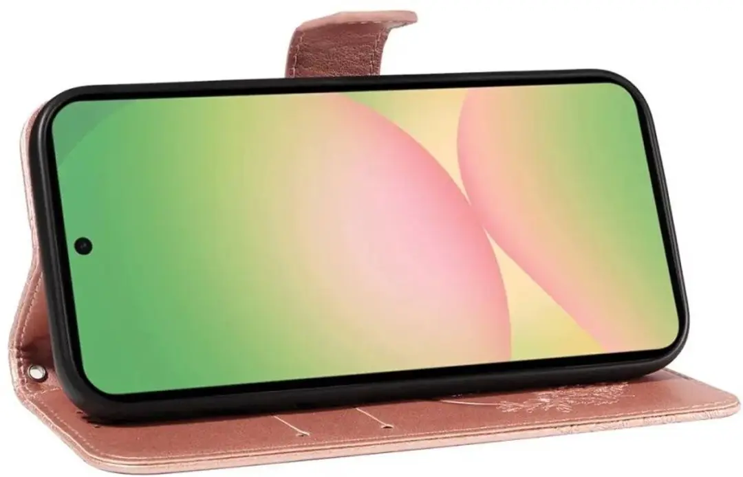 Selected Hoesje Samsung Galaxy A57 Wallet Vlinder Kunstleer Roze Goud
