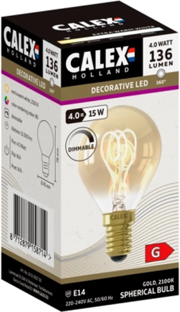Calex Filament LED Lamp E14 P45 Goud 2.5W - 2100K