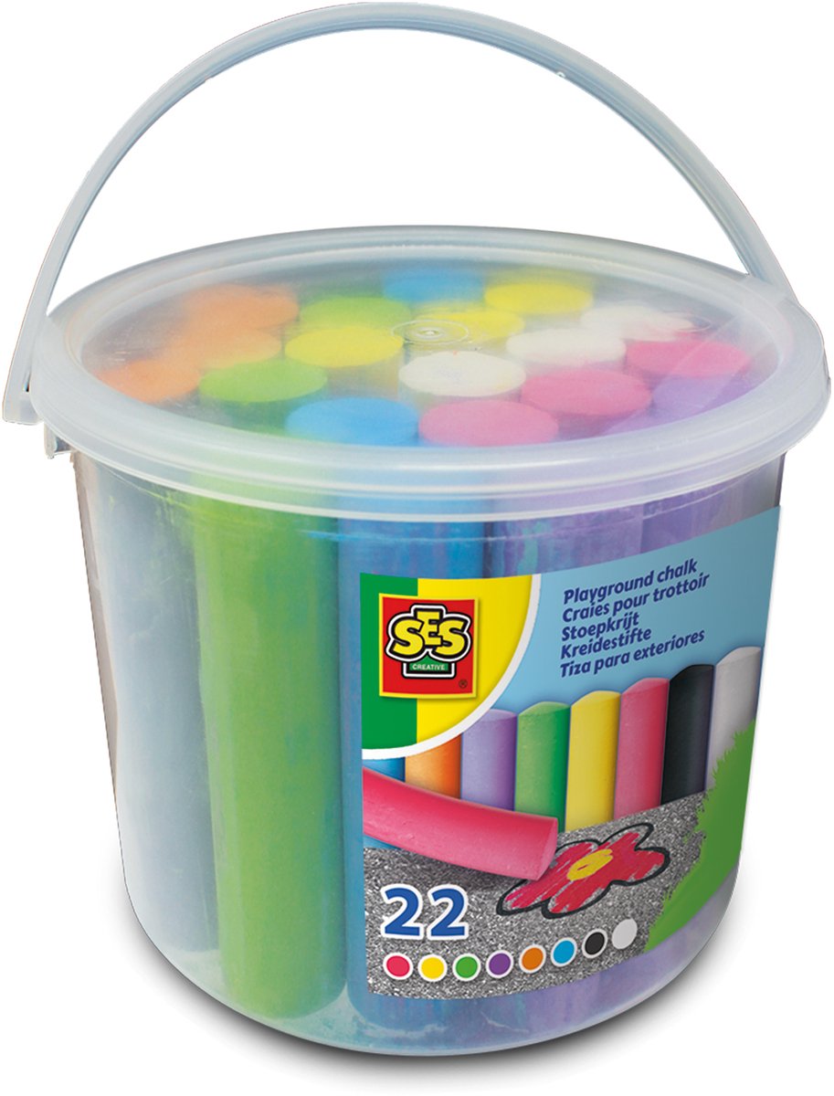 SES - Stoepkrijt emmer - 22 stuks - 8 kleuren inclusief zwart - stimuleert creativiteit