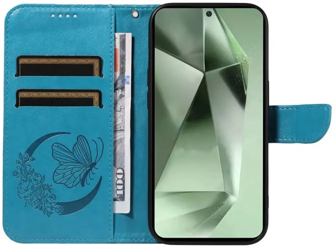 Selected Hoesje Samsung Galaxy S24 FE Wallet Vlinder Kunstleer - Blauw