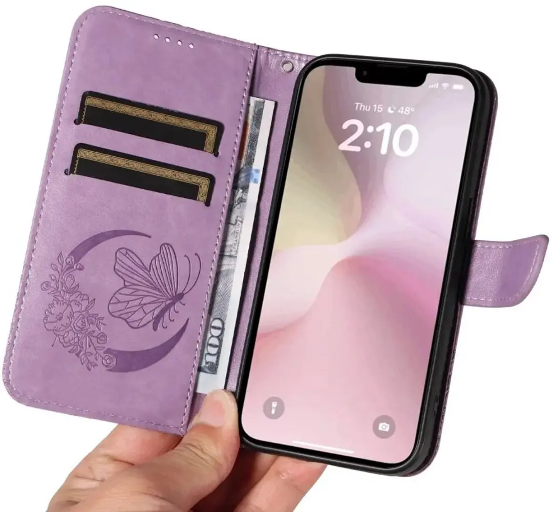 Selected Hoesje iPhone 16/17 Wallet Vlinder Kunstleer - Paars