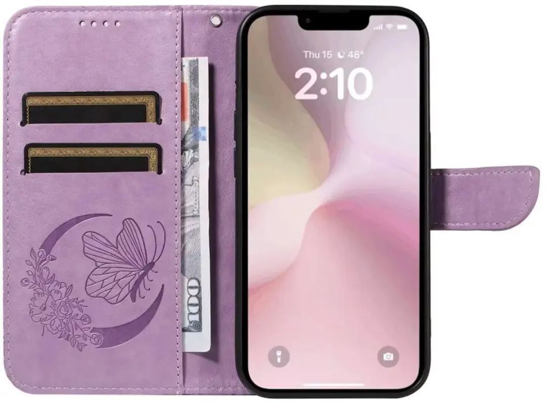 Selected Hoesje iPhone 16/17 Wallet Vlinder Kunstleer - Paars