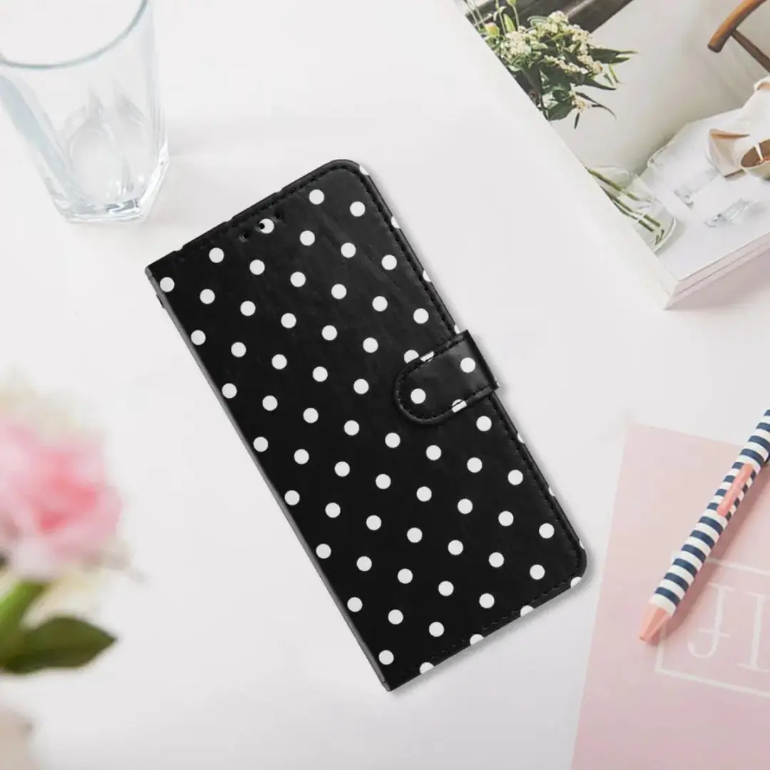 Selected Hoesje iPhone 17 Pro Max Polka Dot Wallet Book - 3 Pasjes - Zwart