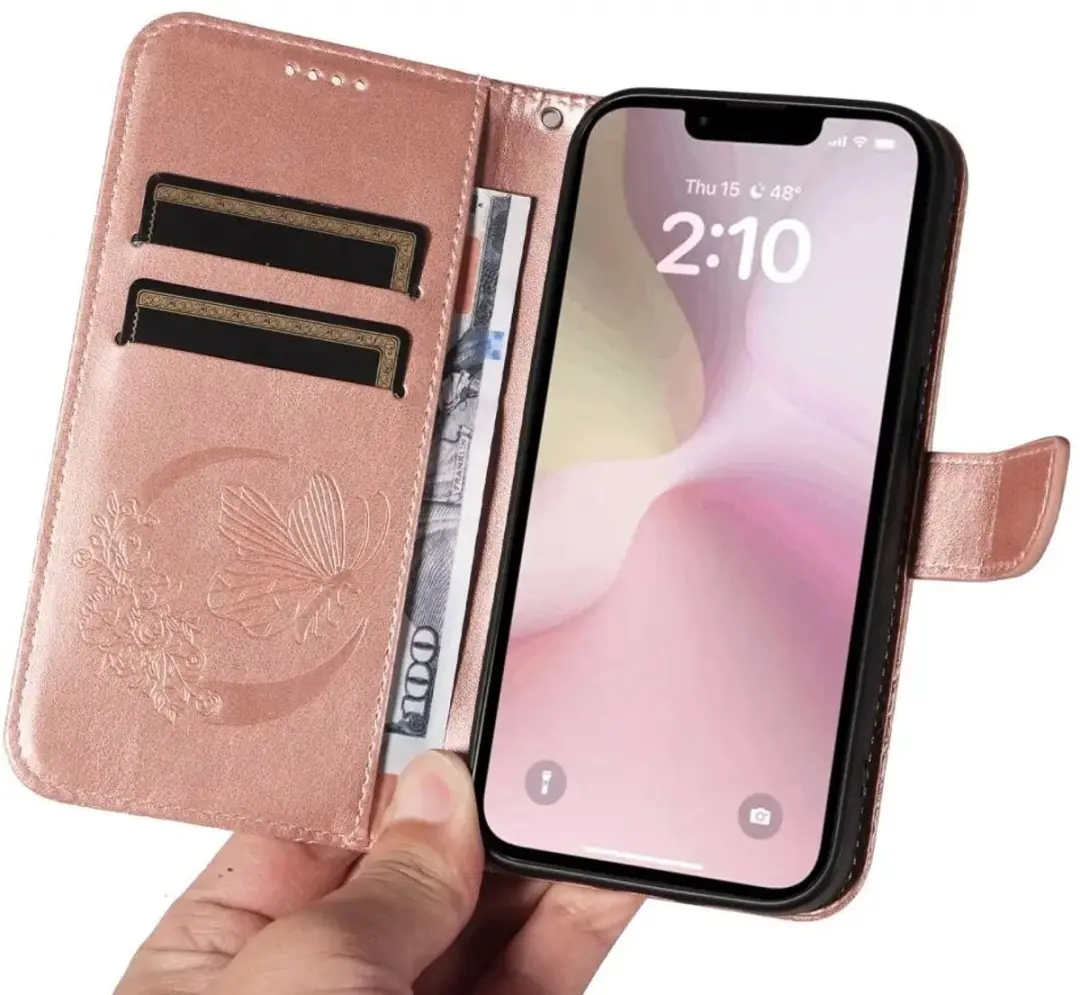 Selected iPhone 16/17 Hoesje Wallet Vlinder Kunstleer - Roze Goud - afbeelding 6 van 6