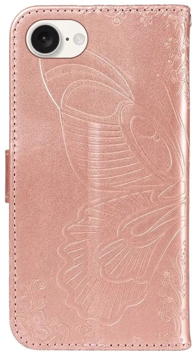 Selected iPhone 16/17 Hoesje Wallet Vlinder Kunstleer - Roze Goud