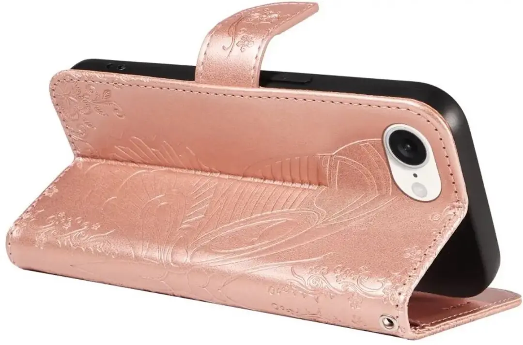 Selected iPhone 16/17 Hoesje Wallet Vlinder Kunstleer - Roze Goud