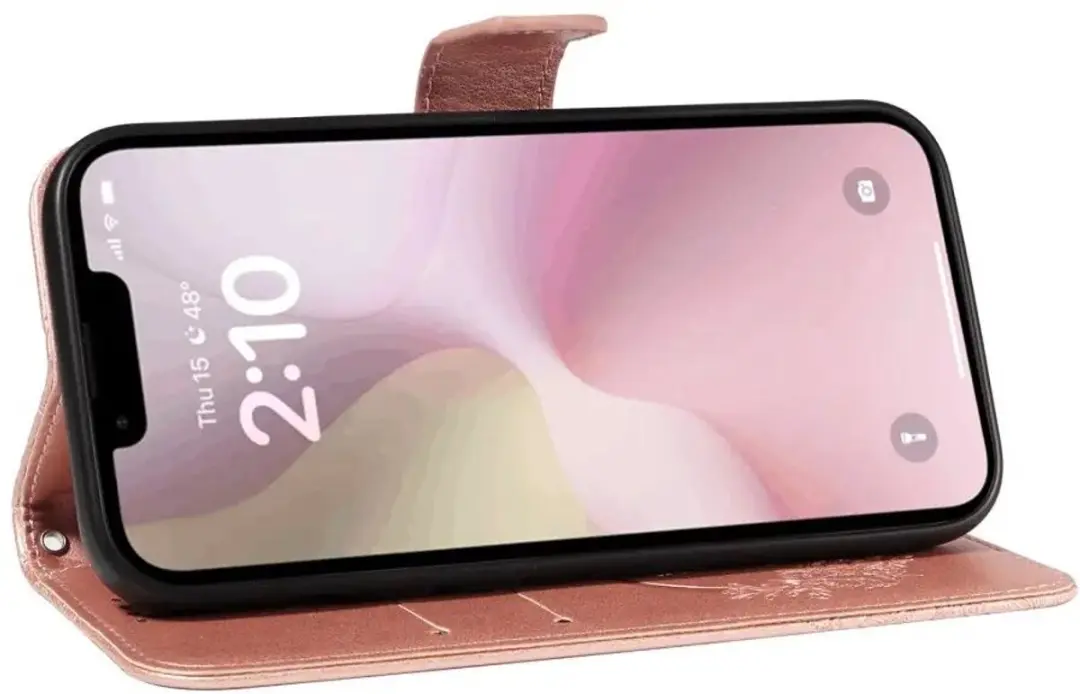 Selected iPhone 16/17 Hoesje Wallet Vlinder Kunstleer - Roze Goud