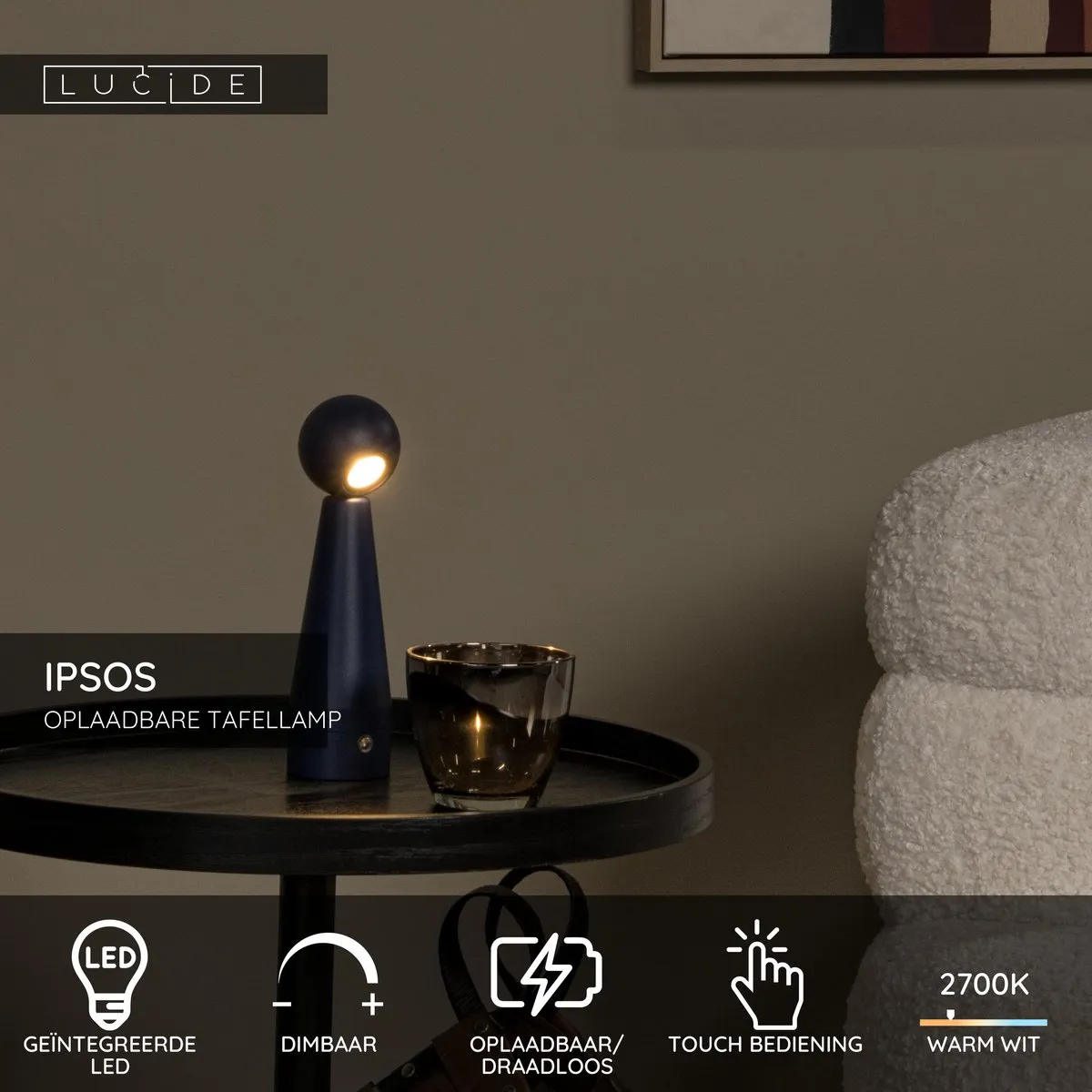 Lucide IPSOS - Oplaadbare Tafellamp - Accu/Batterij - LED Dimbaar - 1x3W 2700K - Blauw