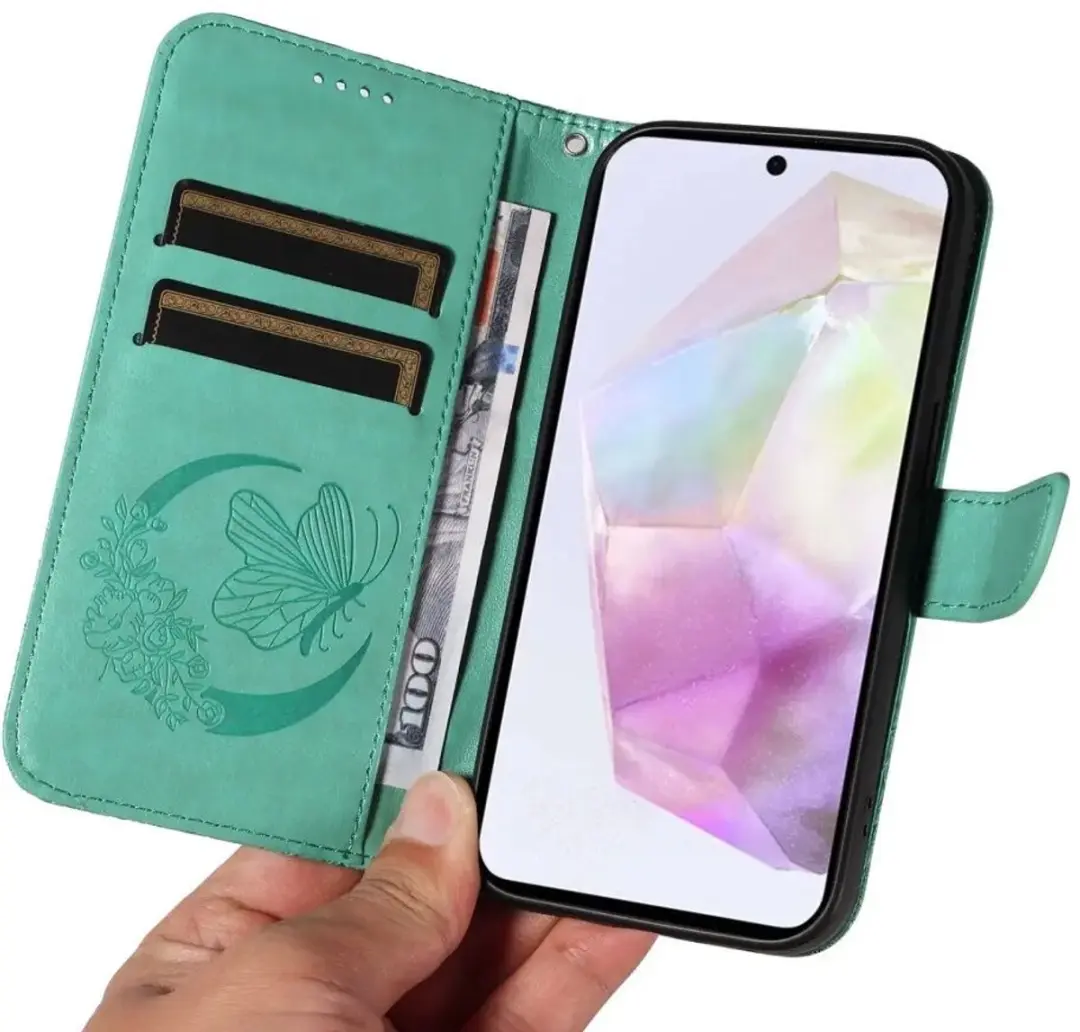 Selected Hoesje Samsung Galaxy A56 Wallet Vlinder Kunstleer - Groen