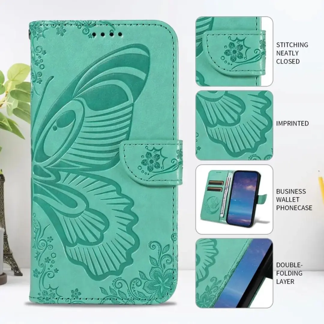 Selected Hoesje Samsung Galaxy A56 Wallet Vlinder Kunstleer - Groen
