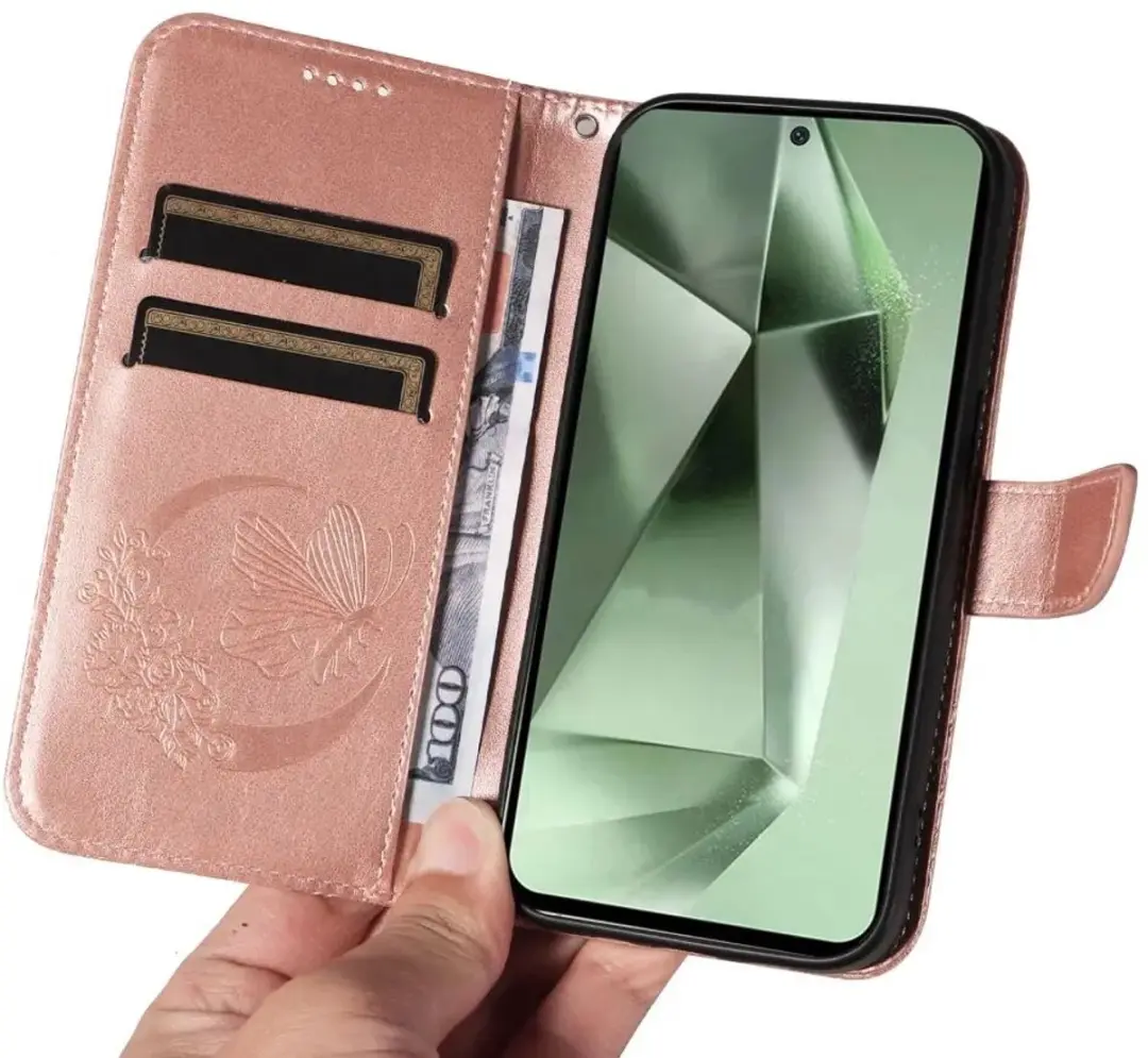 Selected Hoesje Samsung Galaxy S24 FE Wallet Vlinder Kunstleer - Roze Goud