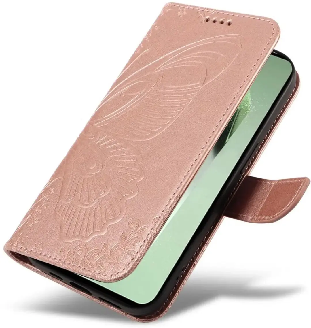 Selected Hoesje Samsung Galaxy S24 FE Wallet Vlinder Kunstleer - Roze Goud