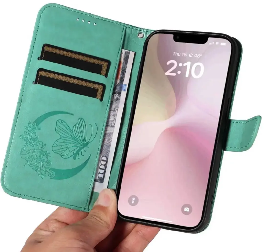 Selected Hoesje iPhone 16/17 Wallet Vlinder Kunstleer Groen - afbeelding 6 van 6