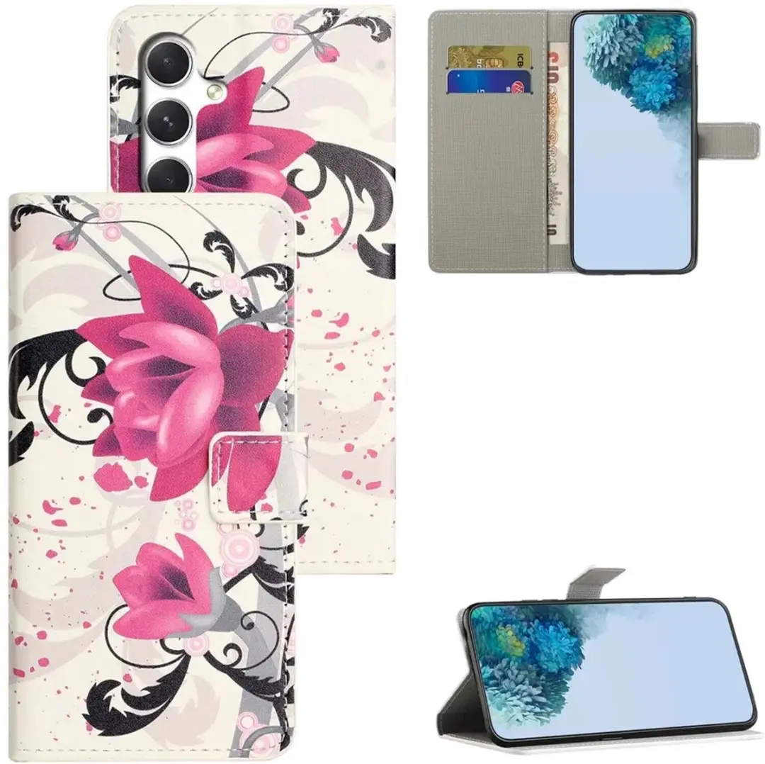 Selected Hoesje Samsung Galaxy A57 Book Case - Magneet Sluiting - Lotus Print - Wit/Roze