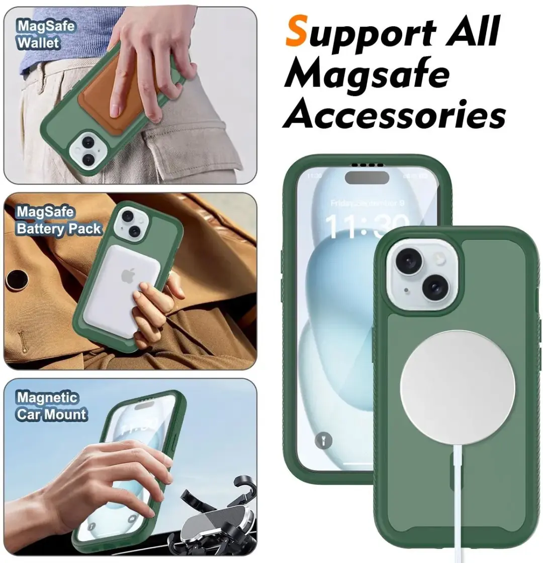 Selected Hoesje iPhone 15 Full Protect Matte Groen - MagSafe