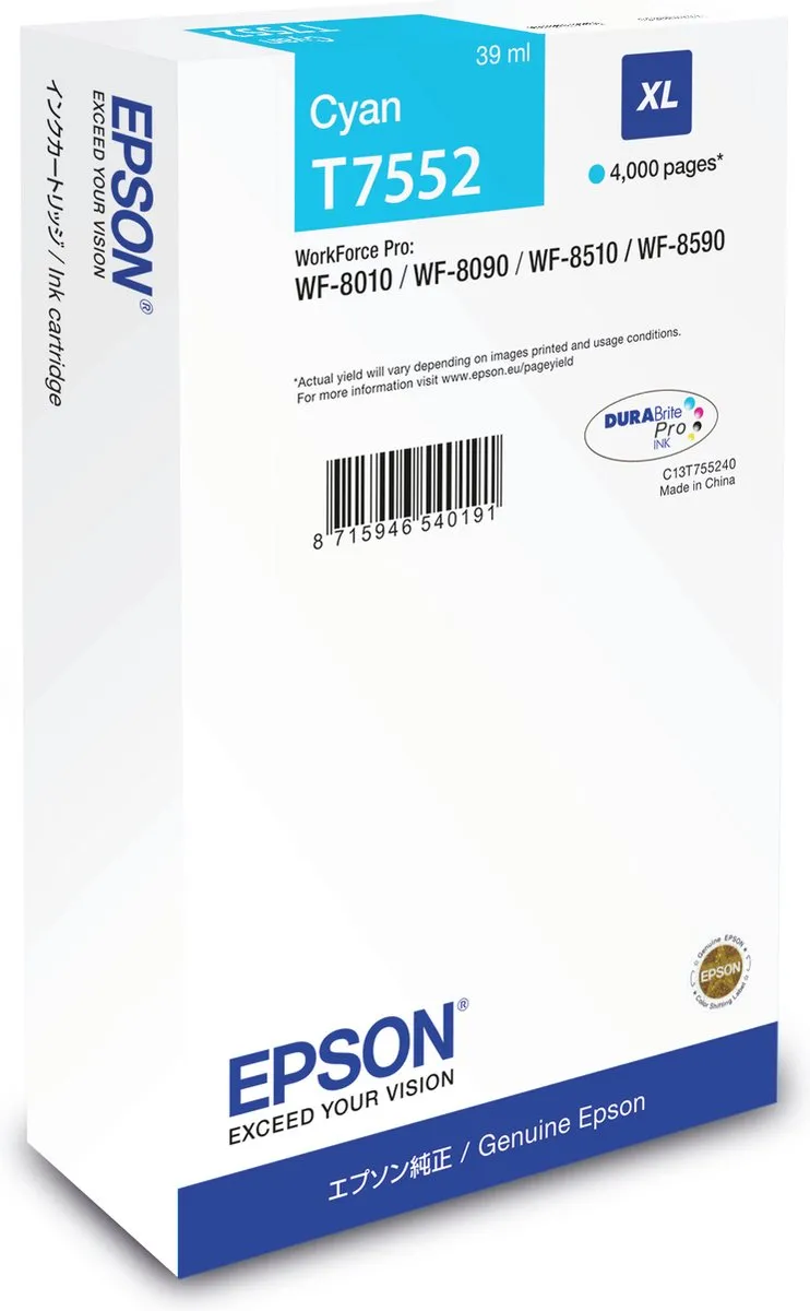Epson T7552XL Cyaan Inktcartridge - 4000 pagina's