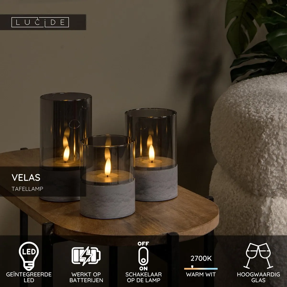 Lucide Velas Tafellamp Fumé - Ø8cm - 3x0,2W LED 2700K - Set van 3