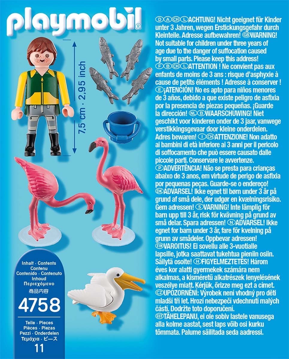 Dierenverzorger met exotische vogel/Gardien de zoo avec flamants roses et pélican