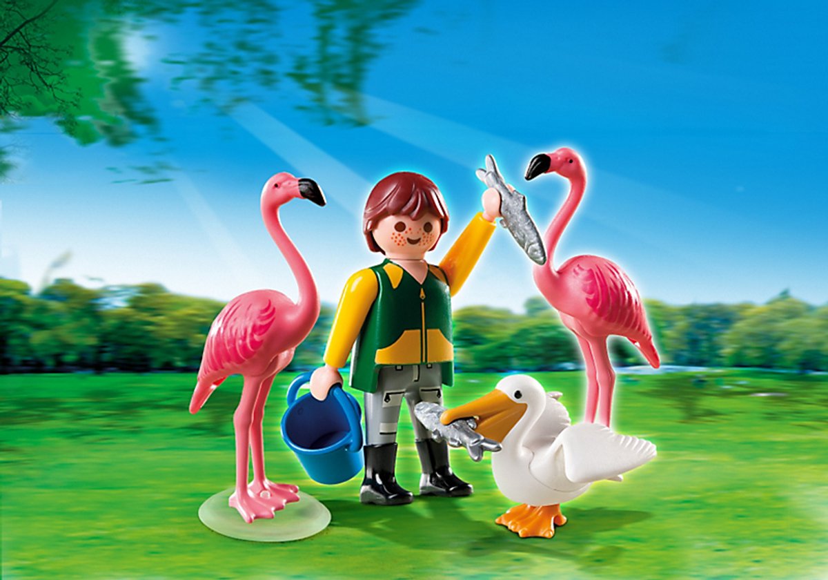 Dierenverzorger met exotische vogel/Gardien de zoo avec flamants roses et pélican