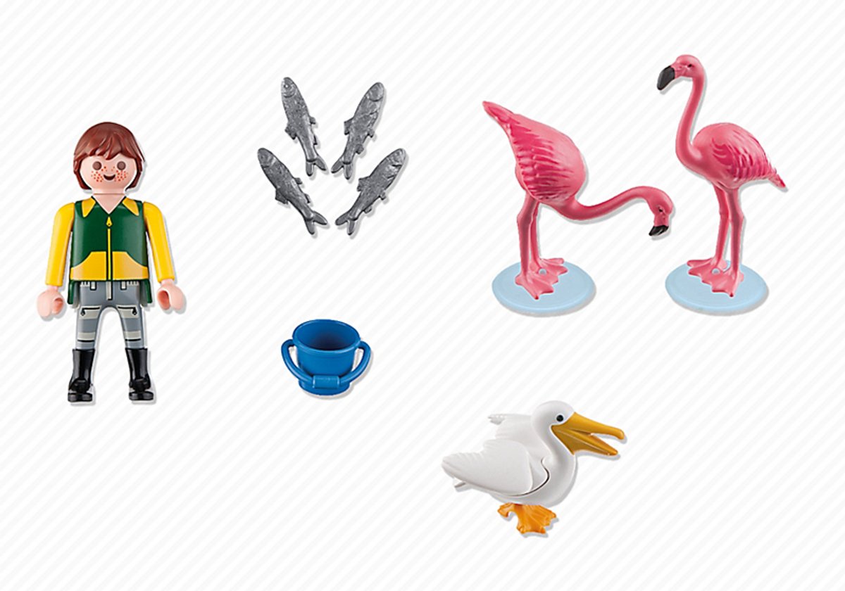 Dierenverzorger met exotische vogel/Gardien de zoo avec flamants roses et pélican