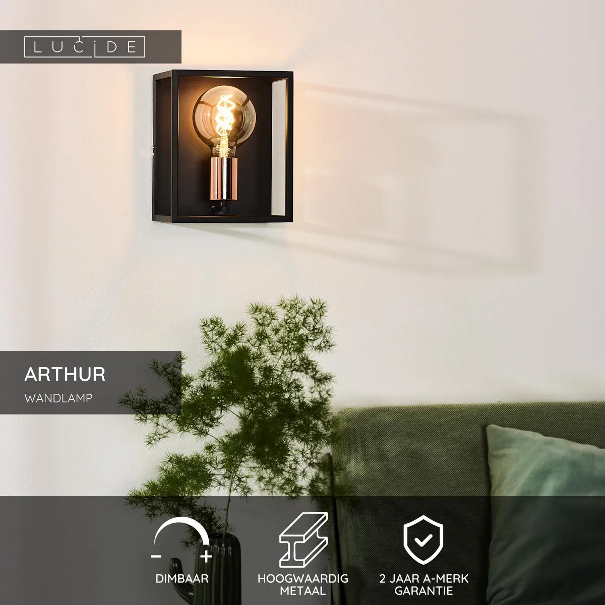 Lucide Arthur Wandlamp E27 - Zwart