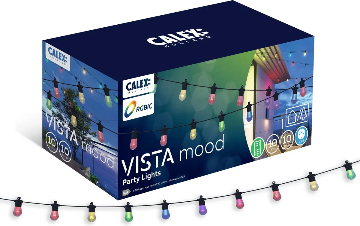 Calex Vista Lichtsnoer 10m - Voor Buiten - Lichtslinger met 10 lampjes - Warm Wit en gekleurd licht - Tuinverlichting - Uitbreidbaar - Koppelbaar - Te gebruiken als Kerstverlichting