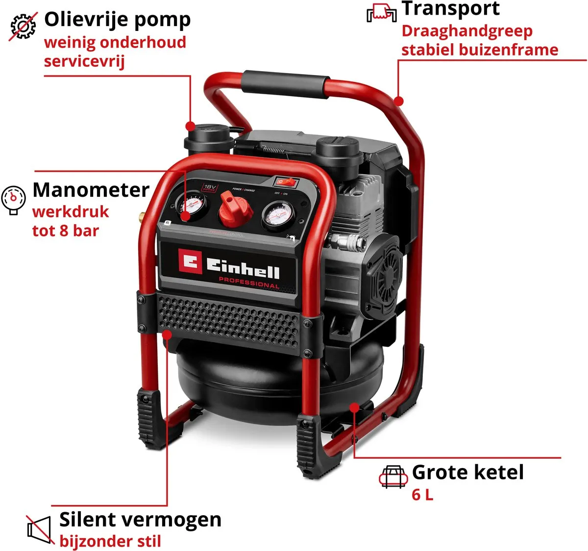 Einhell Accu Compressor SILENZZO 18/160 Solo 18V - 6L - 8 bar