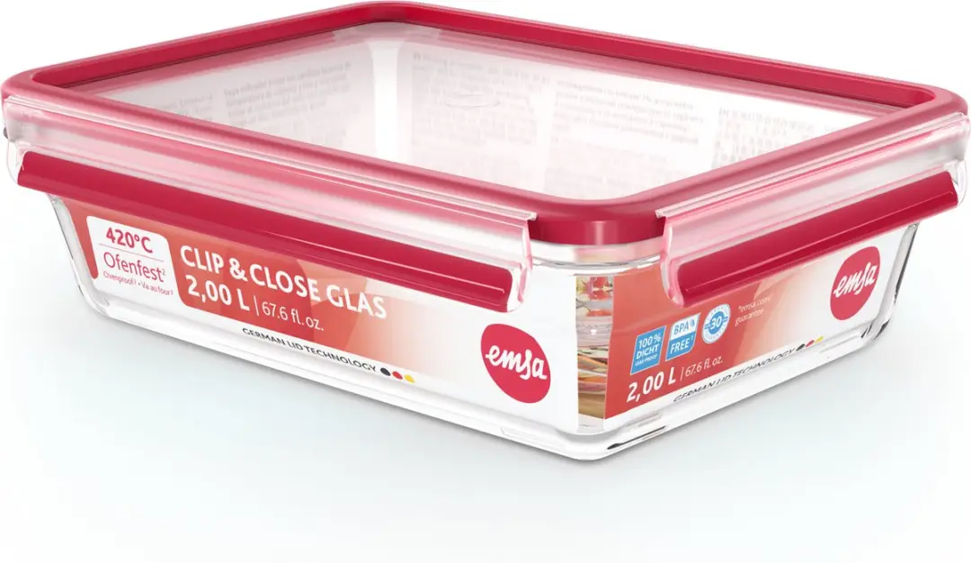 Emsa Clip and Close Glazen Vershoudbakje 2L - Rood