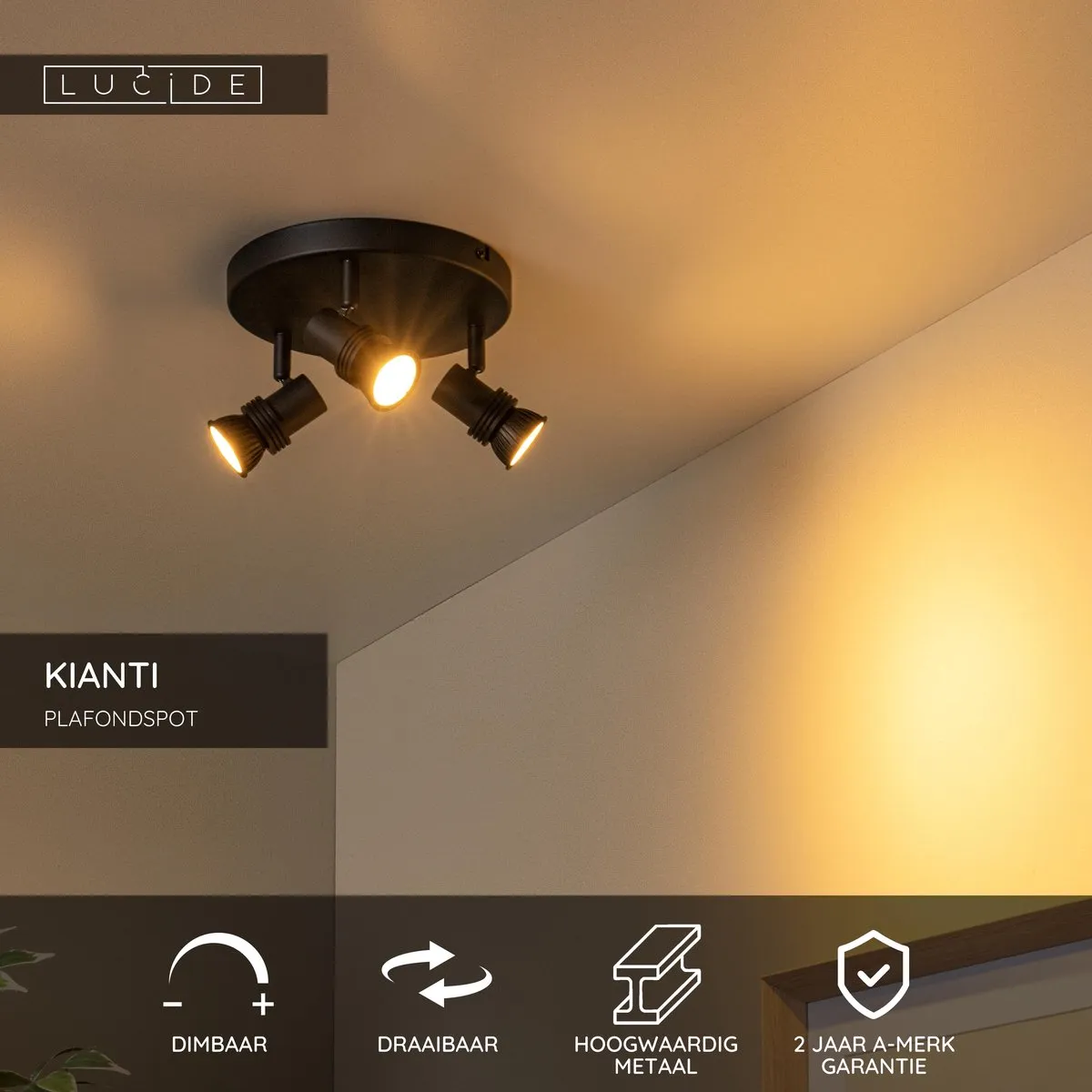 Lucide KIANTI Plafondspot Ø21cm 3xGU10 - Zwart