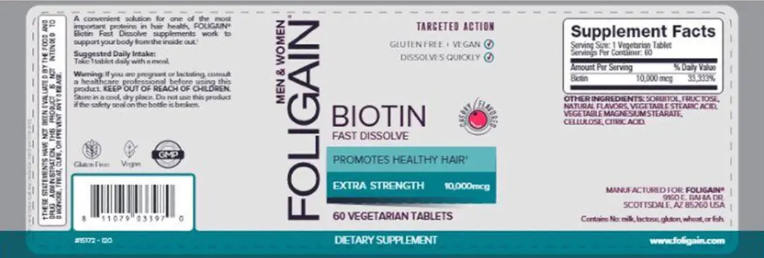 Foligain Biotine 10.000 mcg Kersensmaak - 60 tabletten