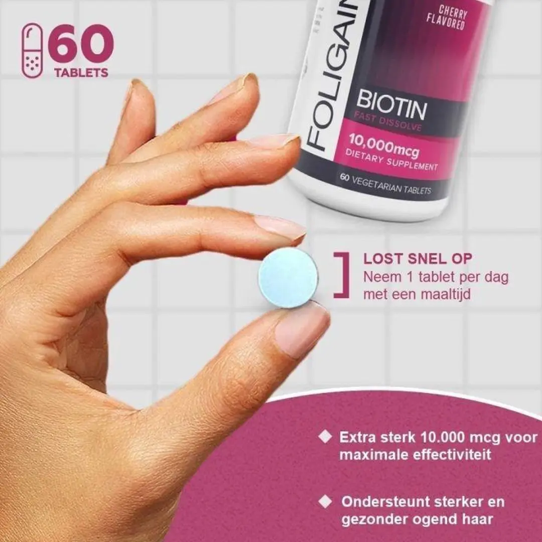 Foligain Biotine 10.000 mcg Kersensmaak - 60 tabletten - afbeelding 6 van 6