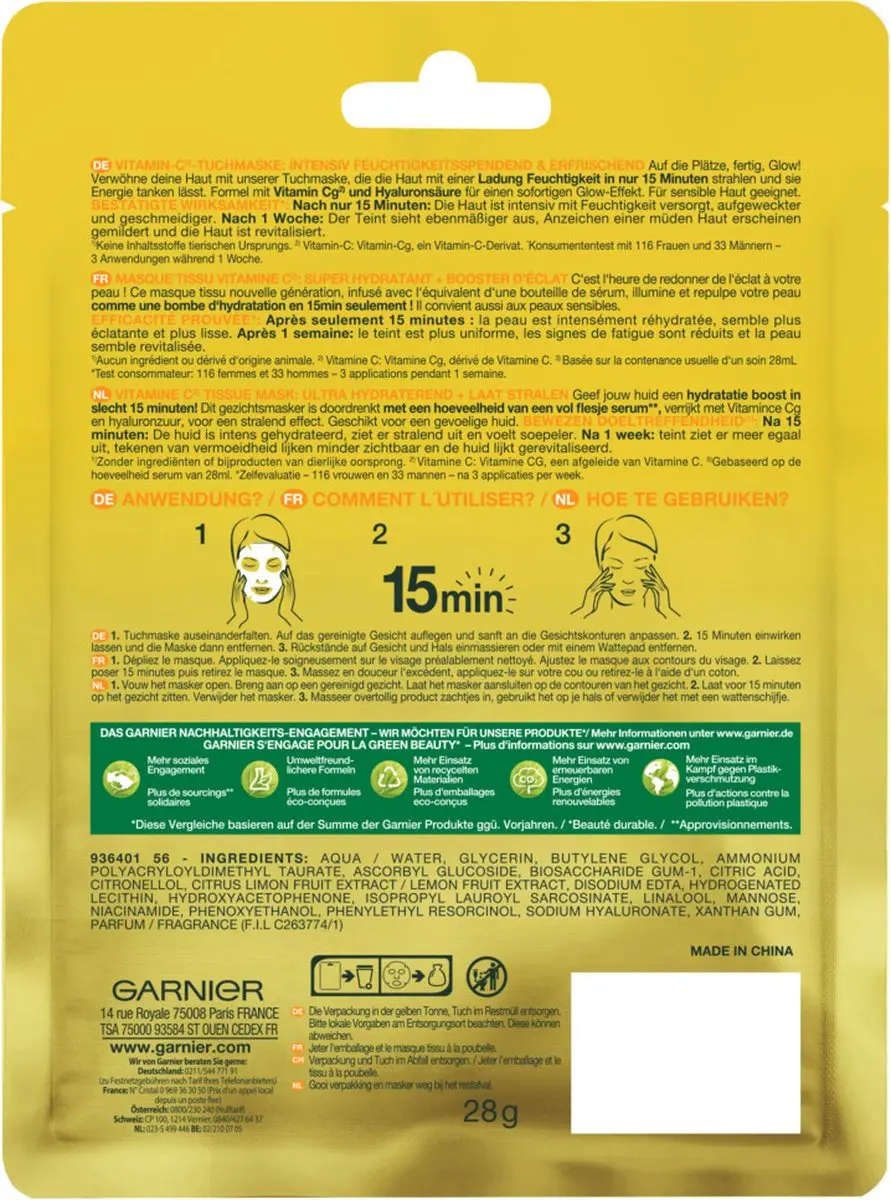 Garnier SkinActive Vitamine C Sheet Masker - 6 Stuks