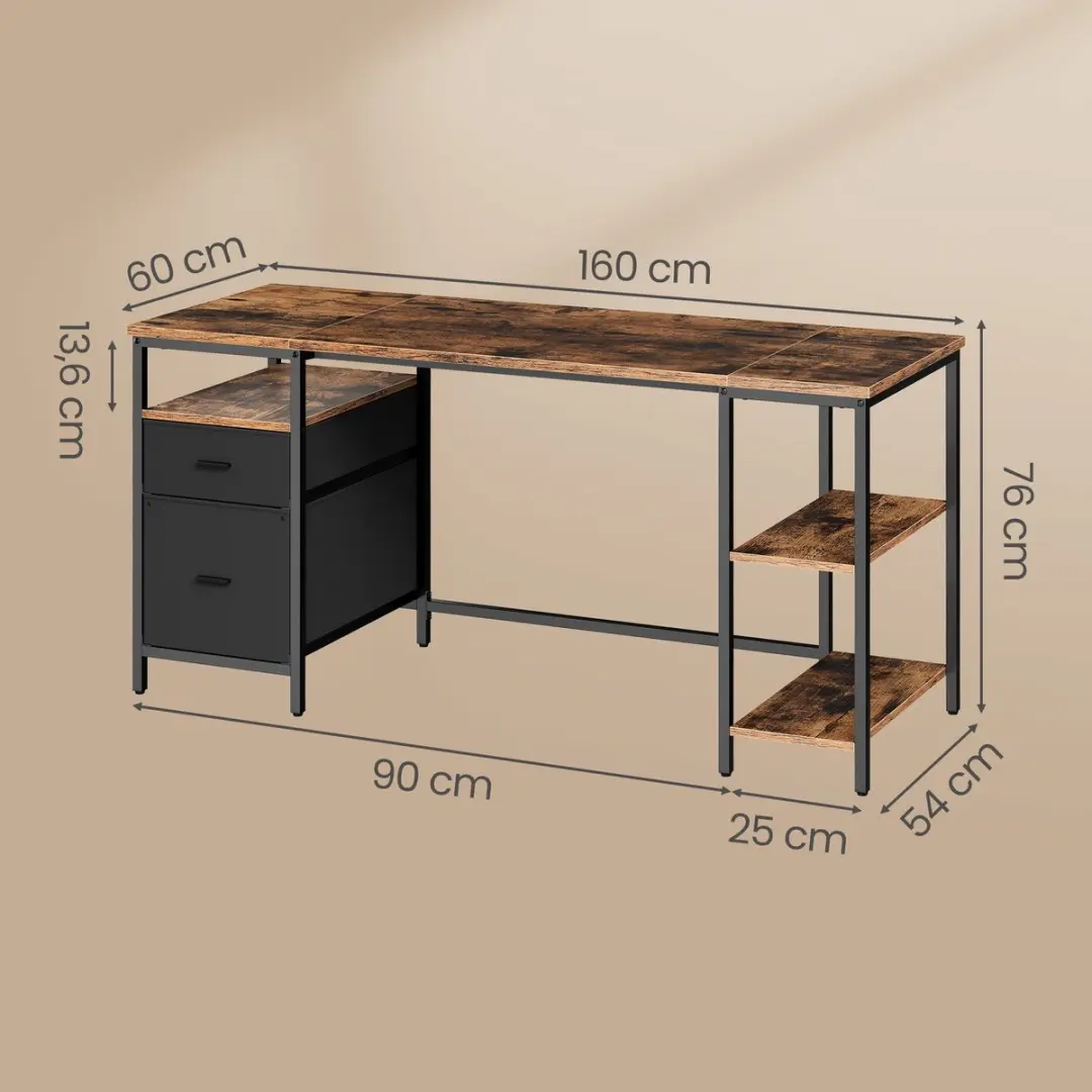 Songmics Computerbureau 60x160cm - 3 Planken 2 Lades - Vintage Bruin/Zwart
