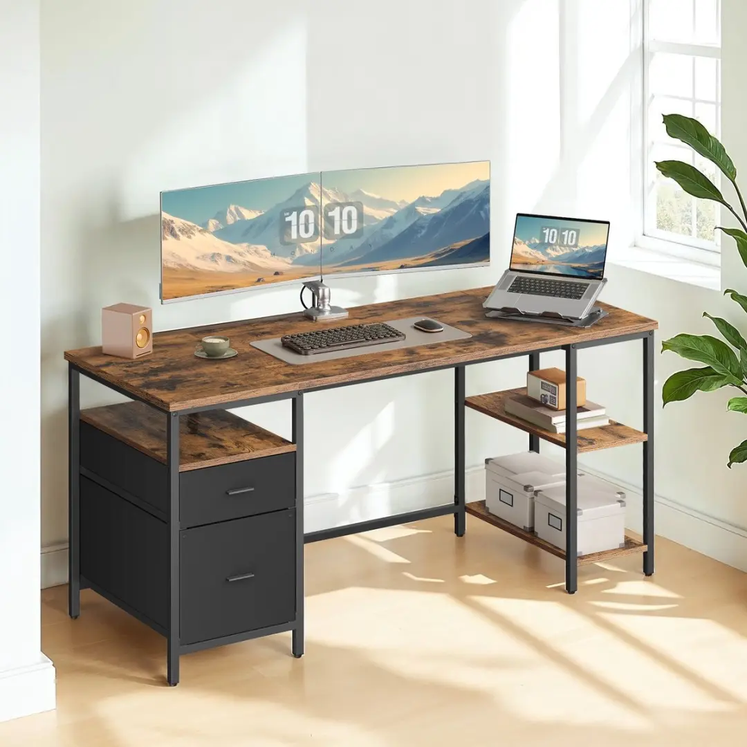 Songmics Computerbureau 60x160cm - 3 Planken 2 Lades - Vintage Bruin/Zwart
