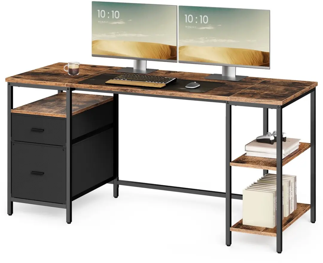 Songmics Computerbureau 60x160cm - 3 Planken 2 Lades - Vintage Bruin/Zwart