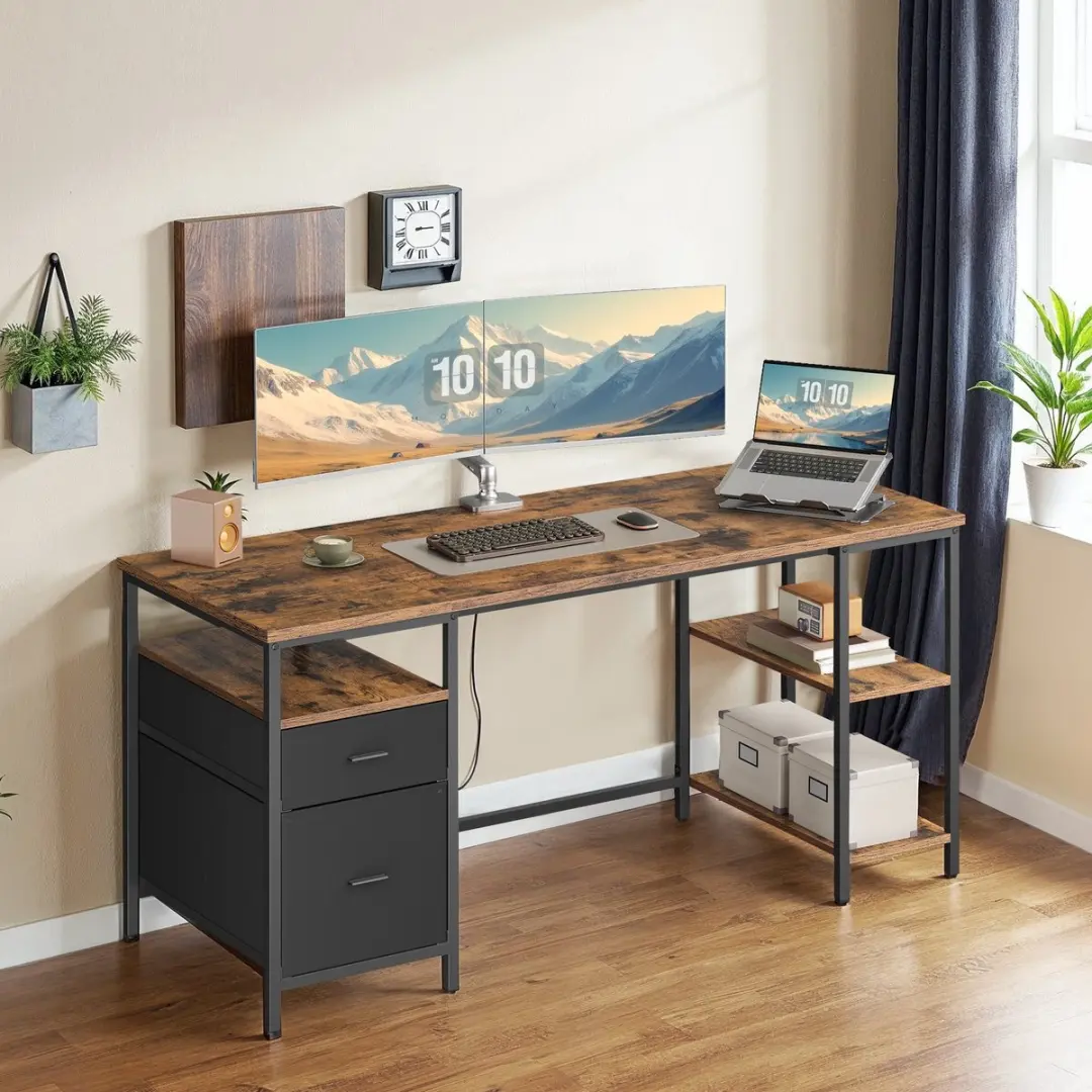 Songmics Computerbureau 60x160cm - 3 Planken 2 Lades - Vintage Bruin/Zwart