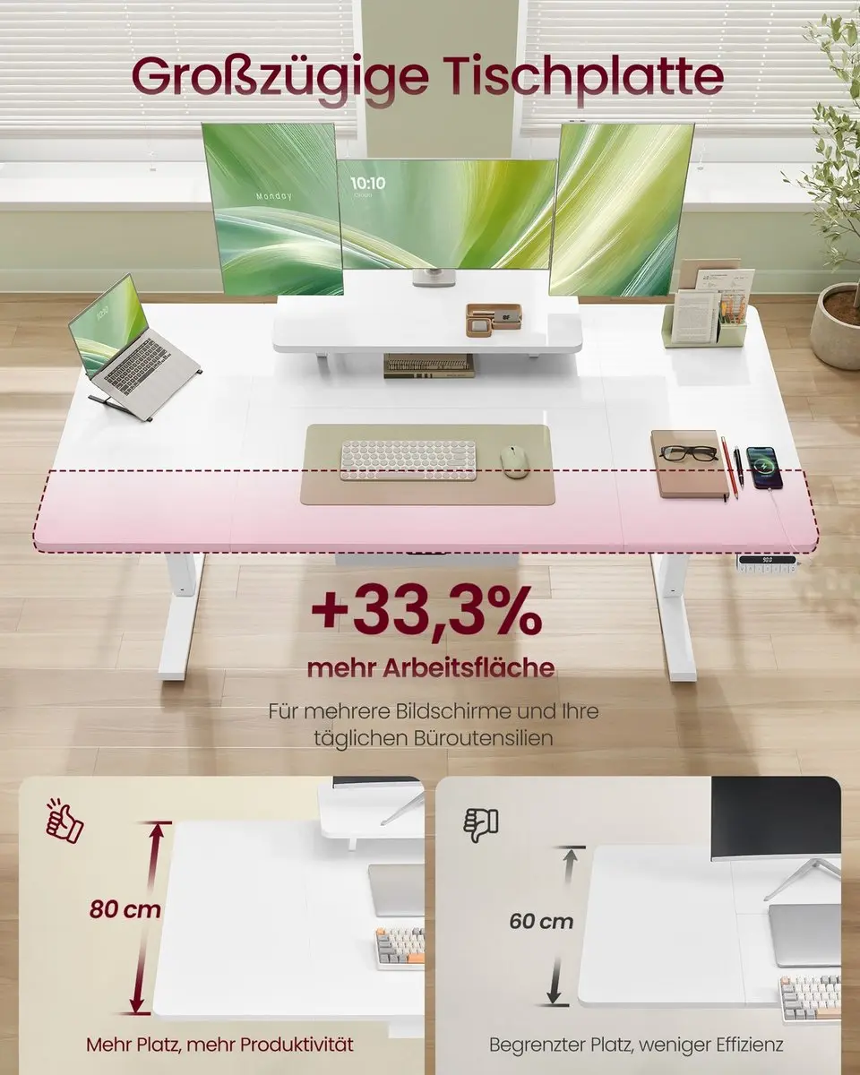 Songmics Hoogteverstelbaar Bureau - Wit - Met Monitorstandaard