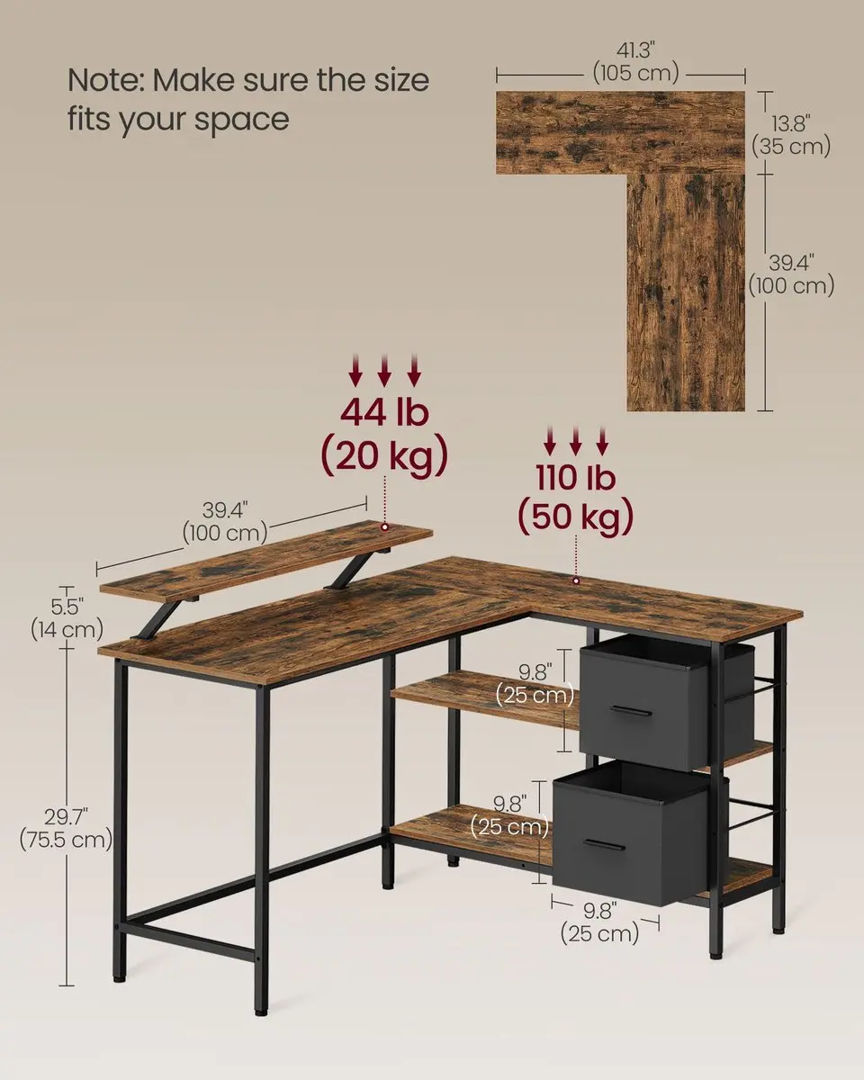 Songmics Hoekbureau L-vormig - Hout Bruin - 2 Lades - afbeelding 6 van 6