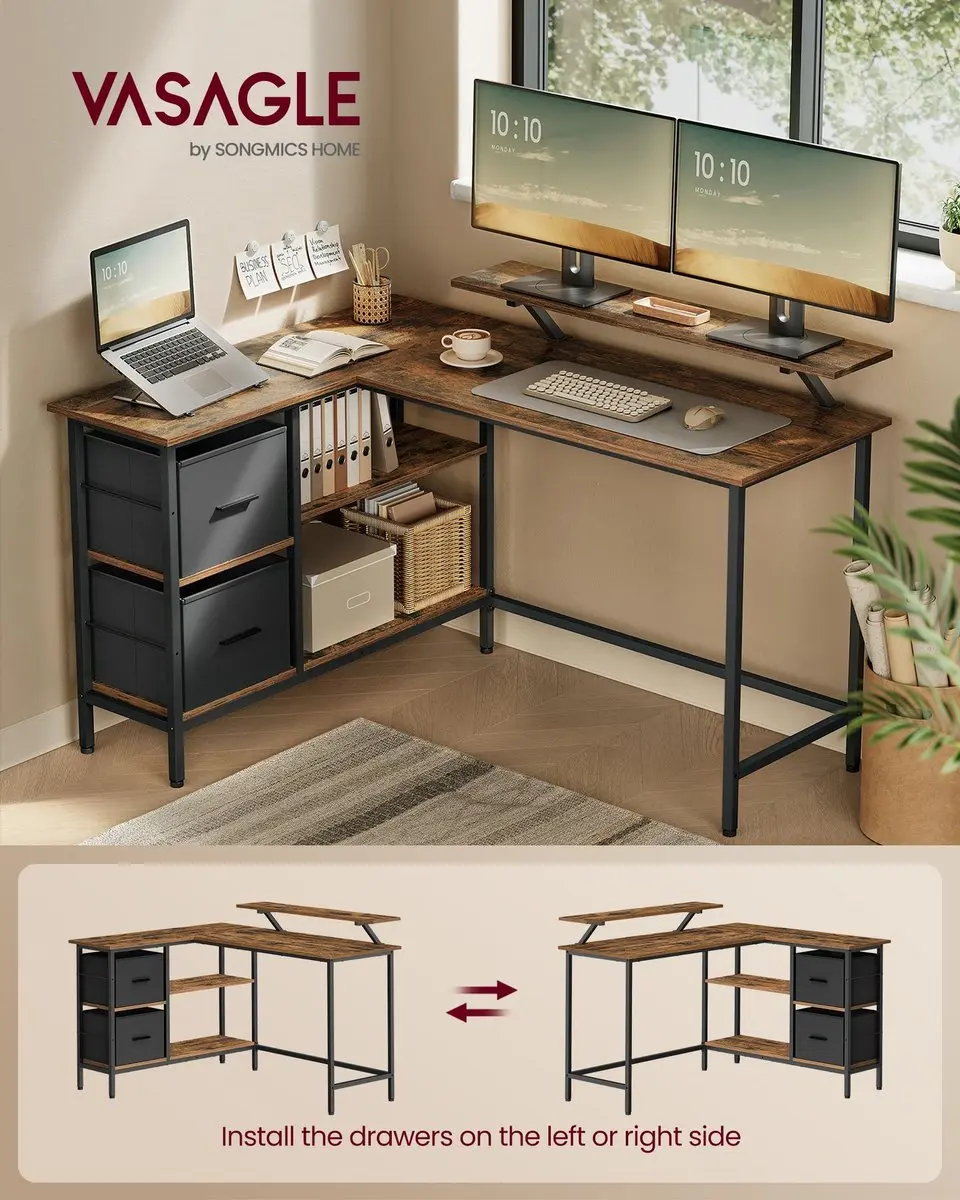 Songmics Hoekbureau L-vormig - Hout Bruin - 2 Lades