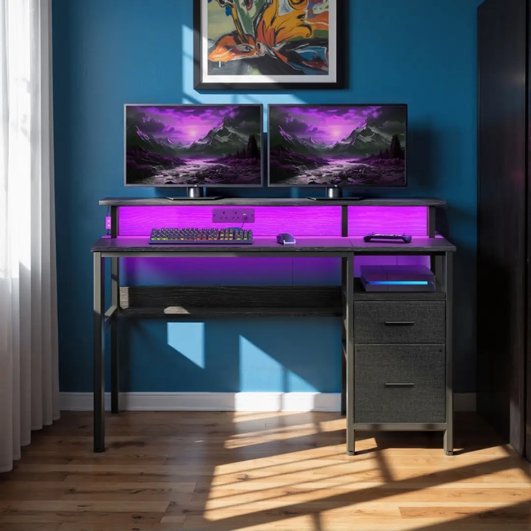 Songmics Computerbureau met lades en ledverlichting - Zwart