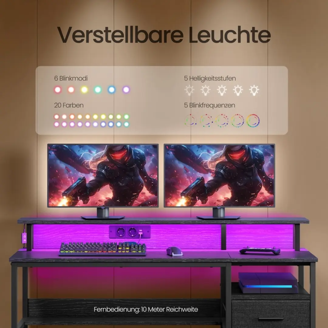 Songmics Computerbureau met lades en ledverlichting - Zwart