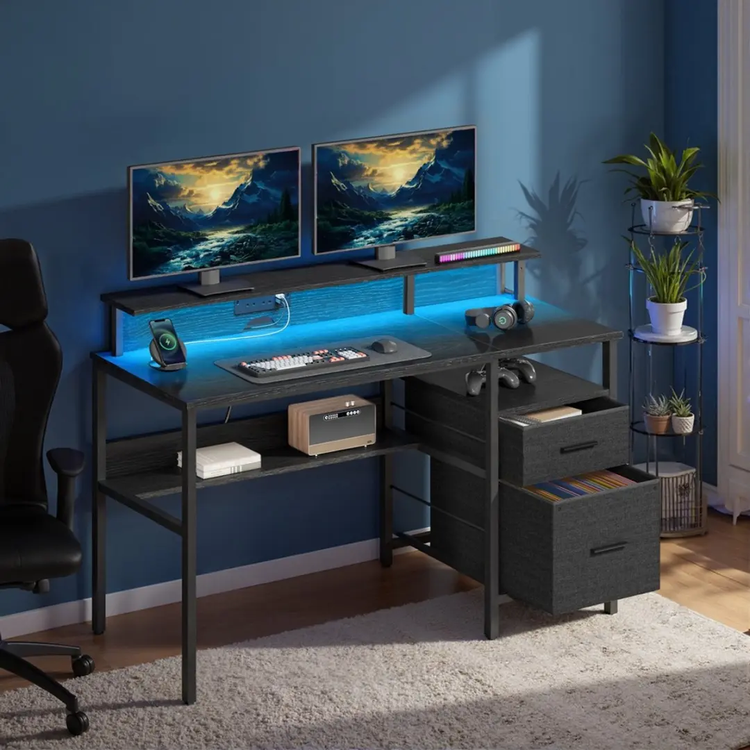 Songmics Computerbureau met lades en ledverlichting - Zwart