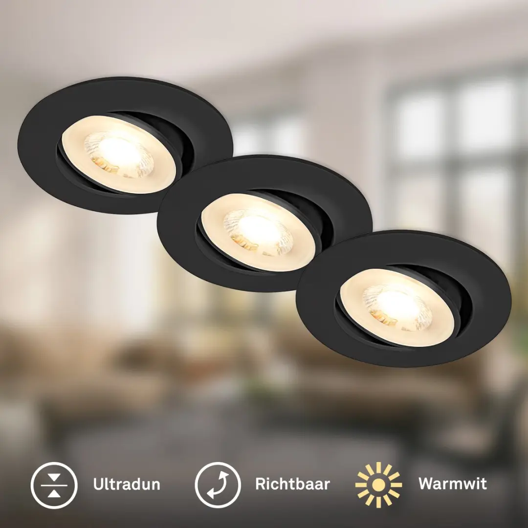 Briloner Inbouwspots Set 3x - 4.9W 3000K - Ø9cm - Zwart